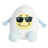 Cute egg plushie with a white and blue body, yolk face wearing glasses, and a "Sunny Side Up" expression written on its back